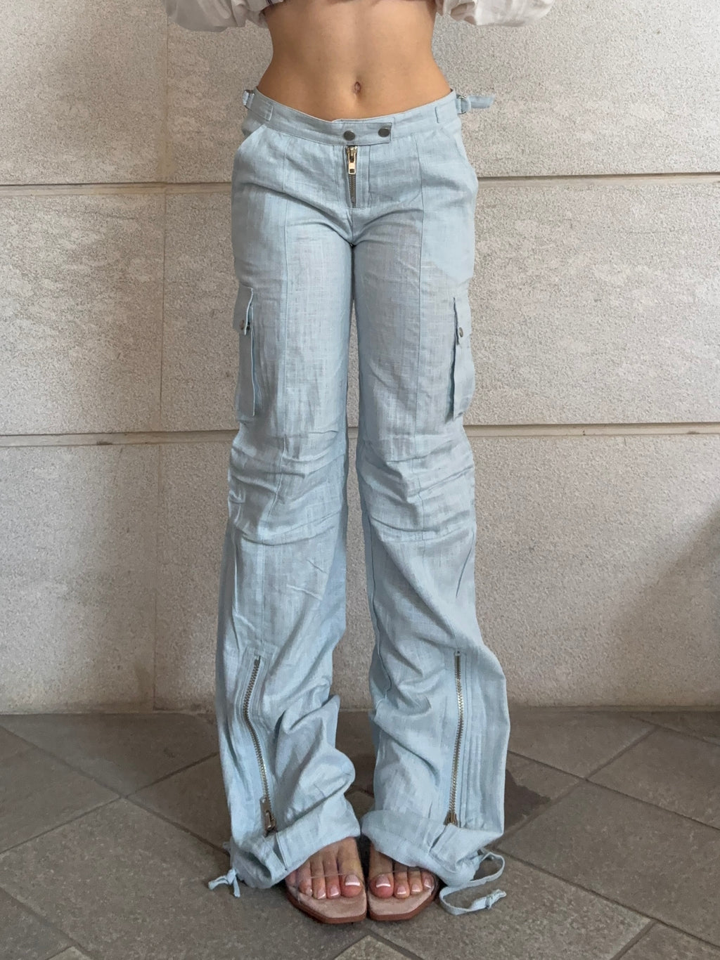 Pantaloni Low Waist Lino Zip