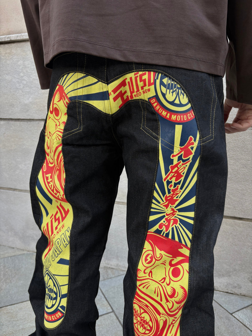 EVISU No.1 Daruma Moto Club Yellow Red – Jeans Baggy Y2K