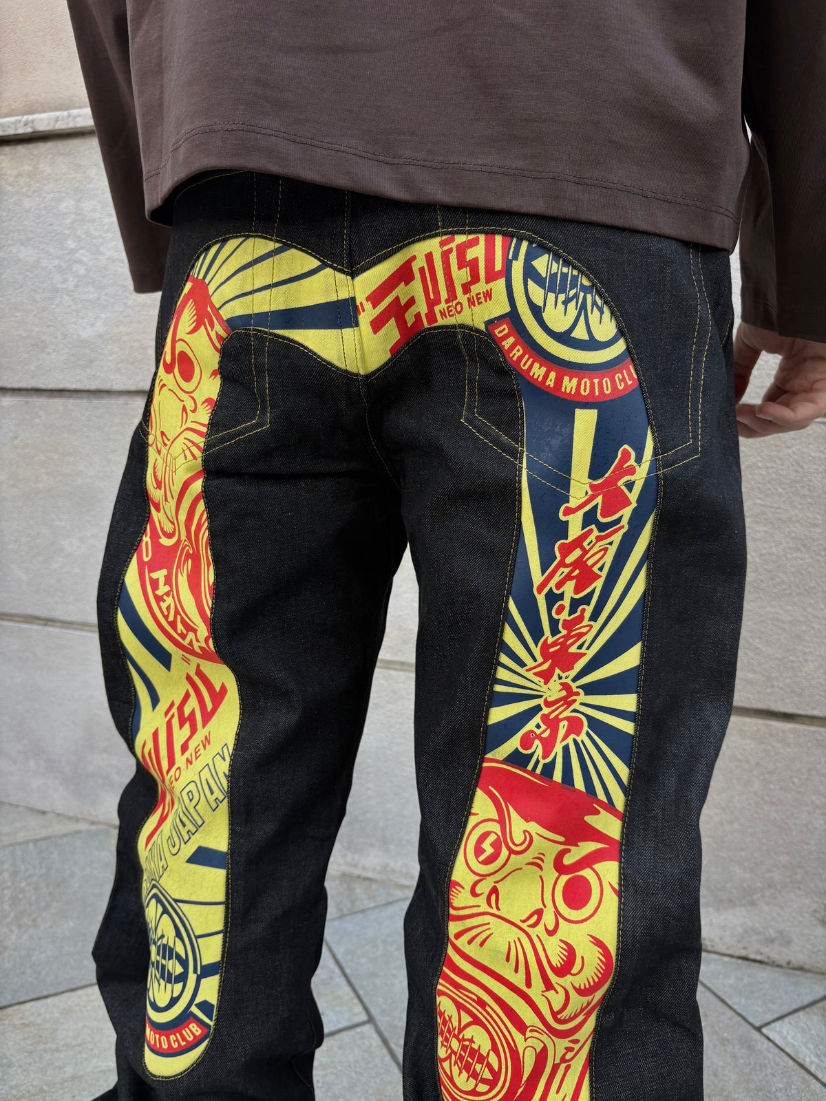 EVISU No.1 Daruma Moto Club Yellow Red – Jeans Baggy Y2K