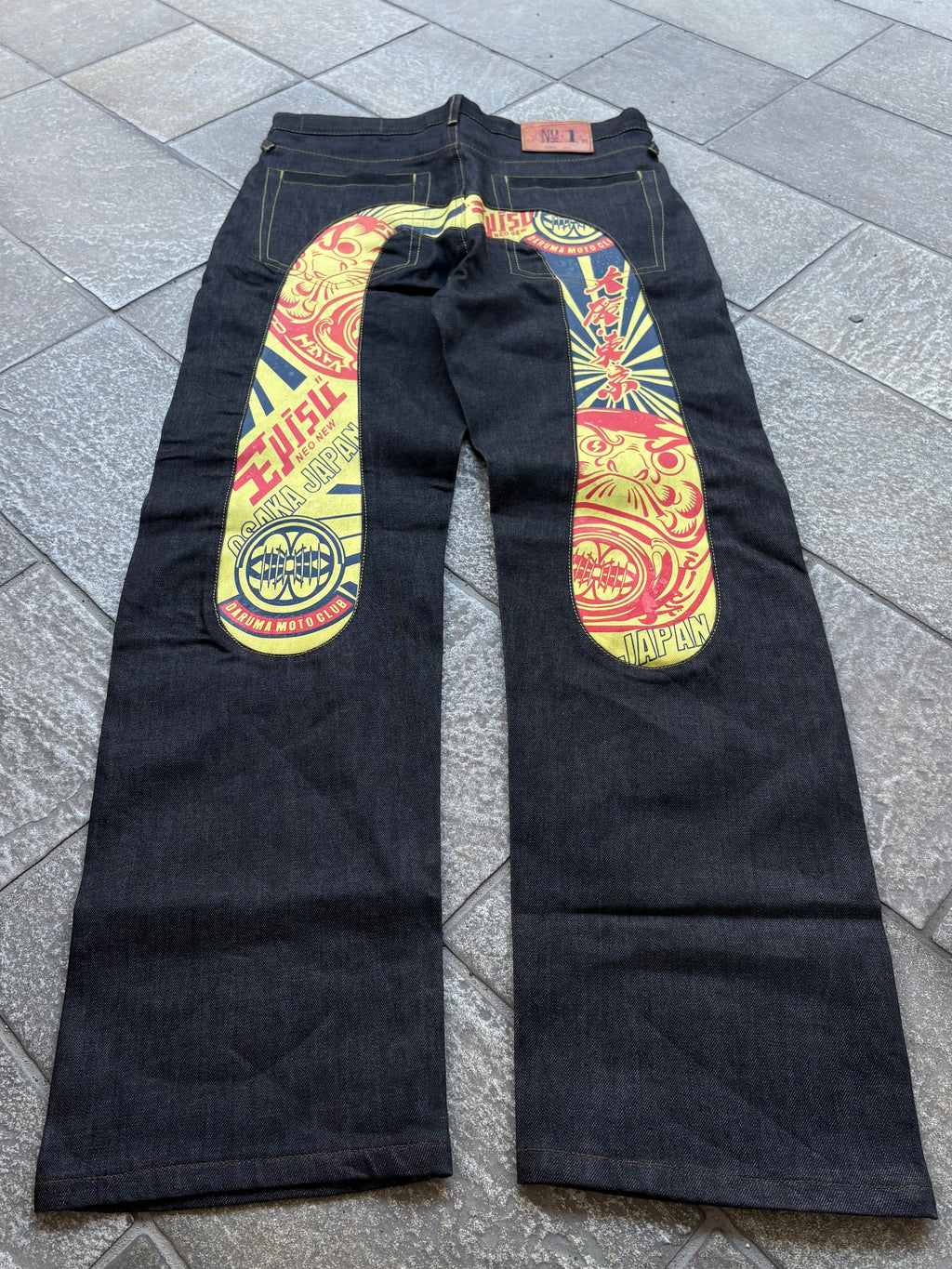 EVISU No.1 Daruma Moto Club Yellow Red – Jeans Baggy Y2K