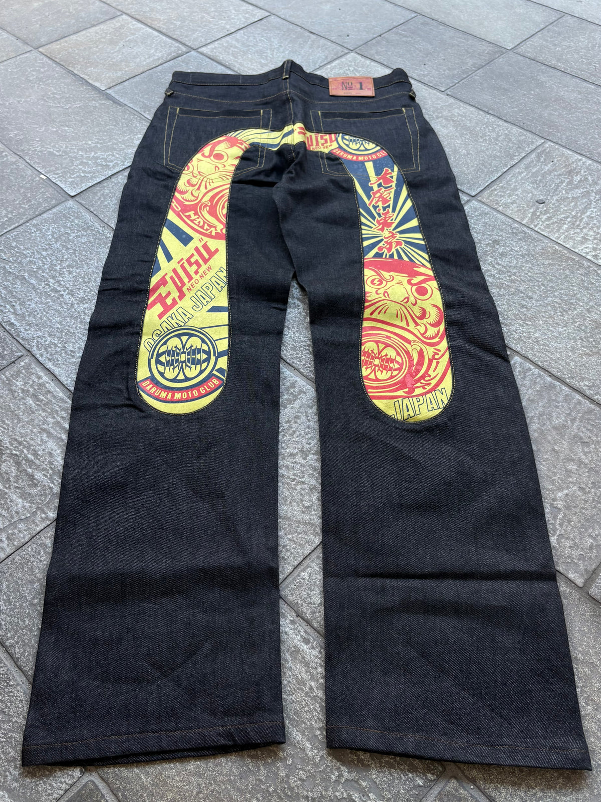 EVISU No.1 Daruma Moto Club Yellow Red – Jeans Baggy Y2K